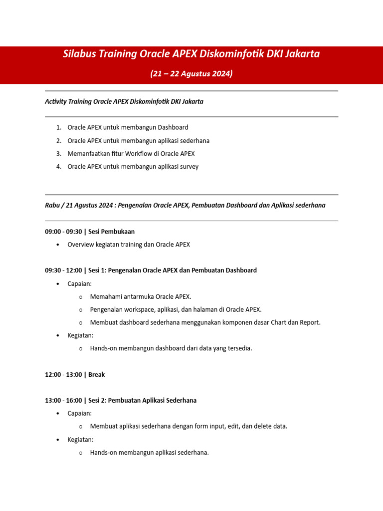 Silabus Training Oracle APEX Diskominfotik DKI Jakarta | PDF