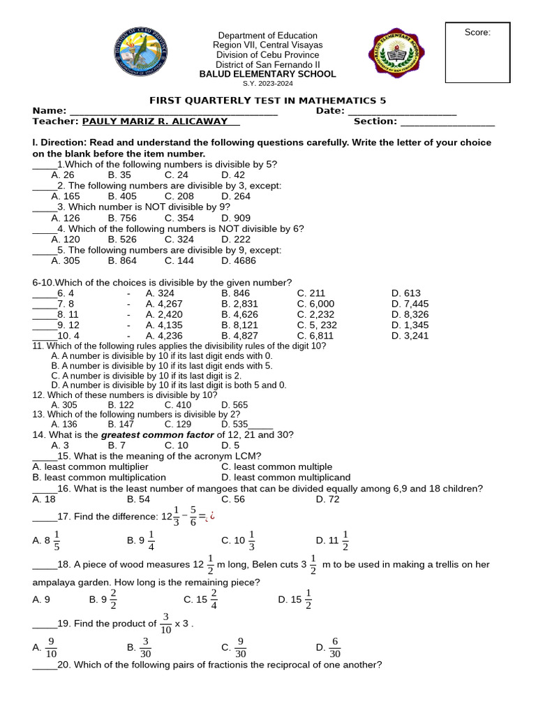 Grade 5 First Quarterly Math Test | PDF | Multiplication