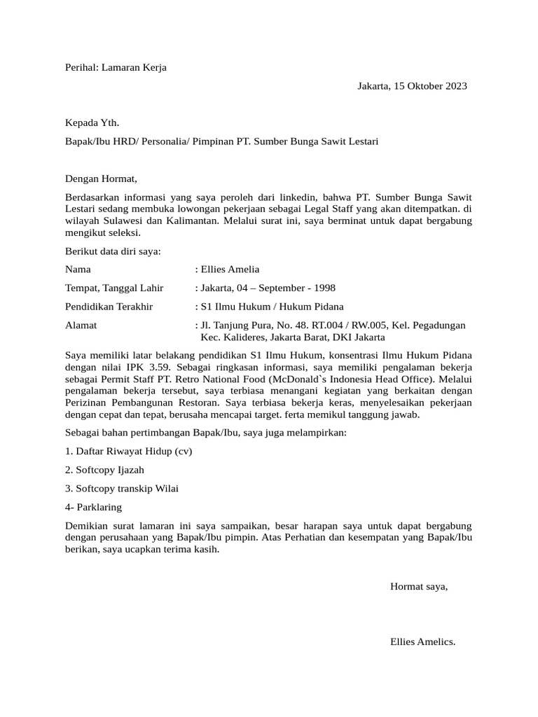 Cover letter melamar kerja ellies pdf