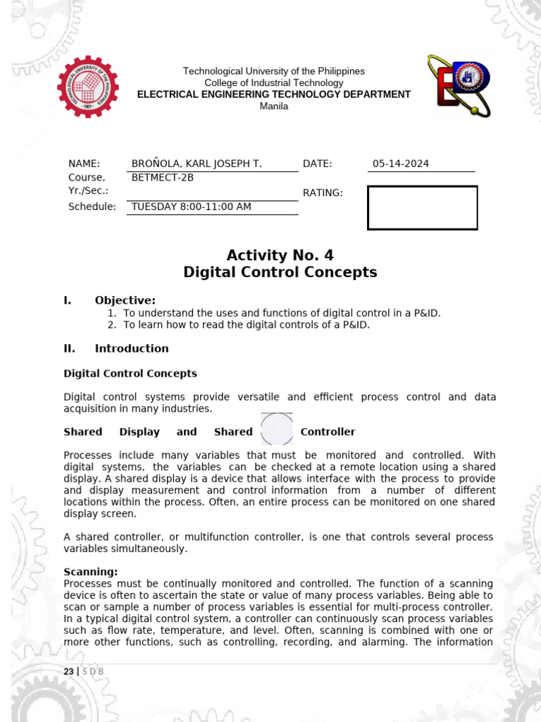 Activity No. 4 Digital Control Concepts: Electrical Engineering ...