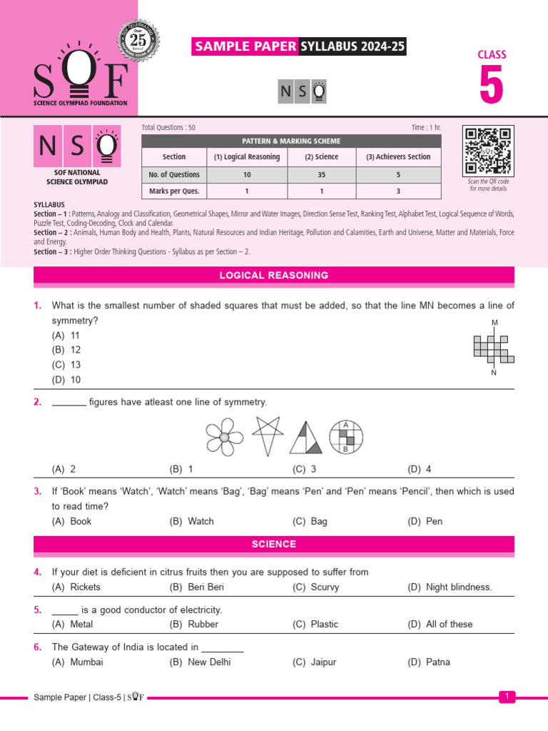 NSO Class 5 Sample Paper 2024-25 | PDF