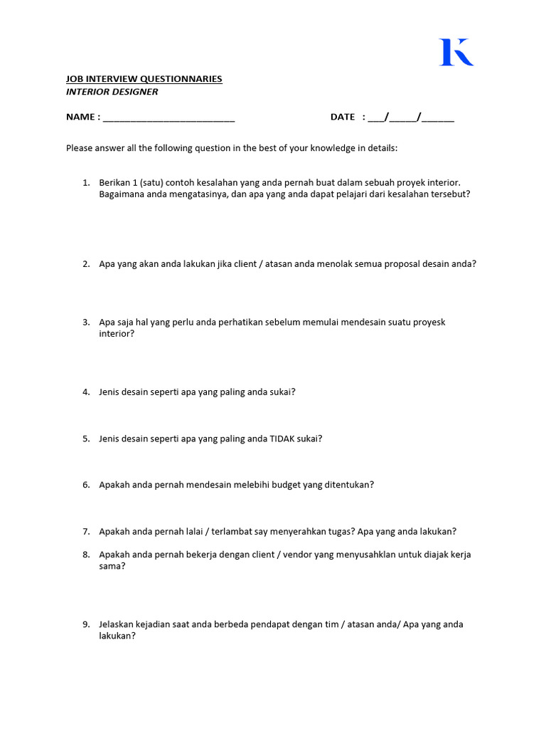 Questionnaire Interior Designer Pdf