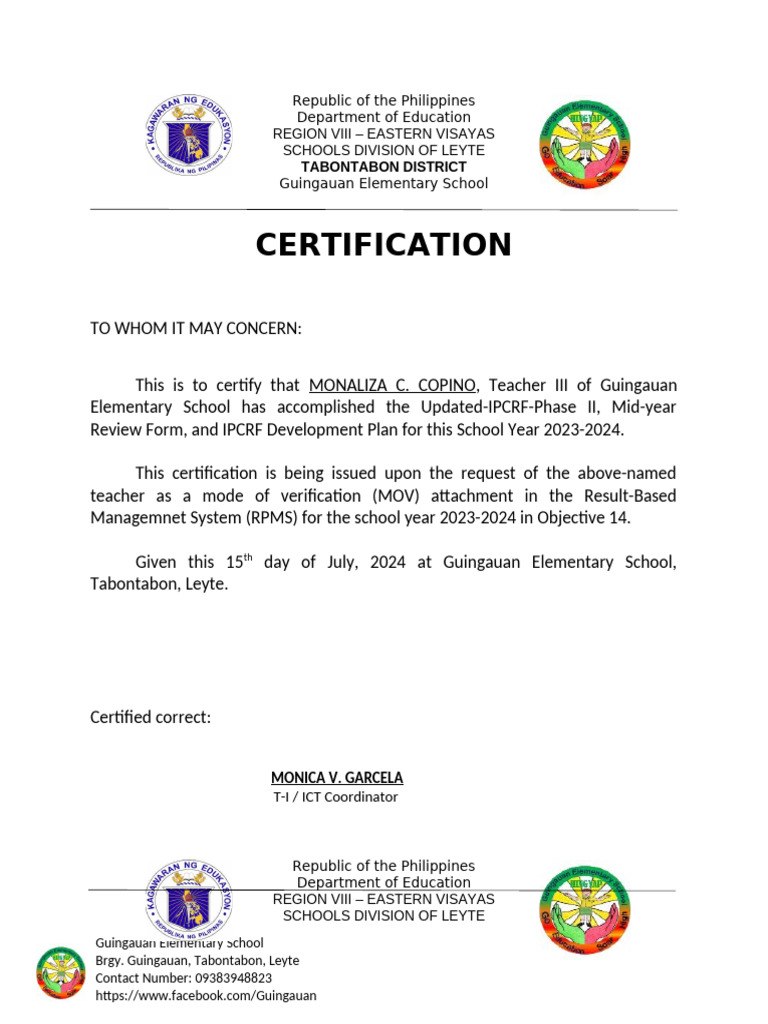 CERTIFICATION - Docx (Ipcr - Objective 14) | PDF