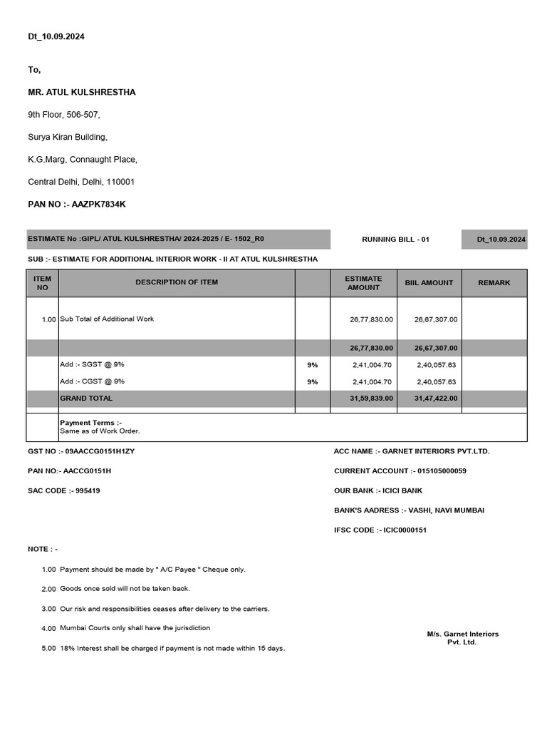 UT-000 DTD - 10.09.2024 - Running Bill - 01 For Additional Work at K ...