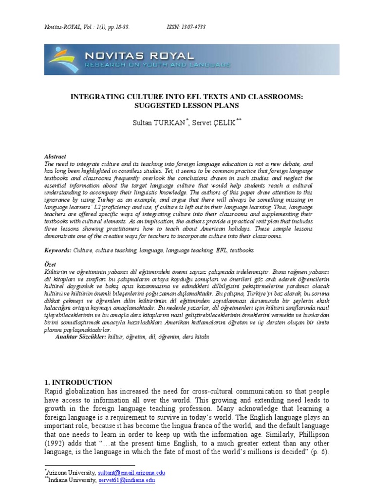 Integrating Culture Into Efl Texts and Classrooms | PDF