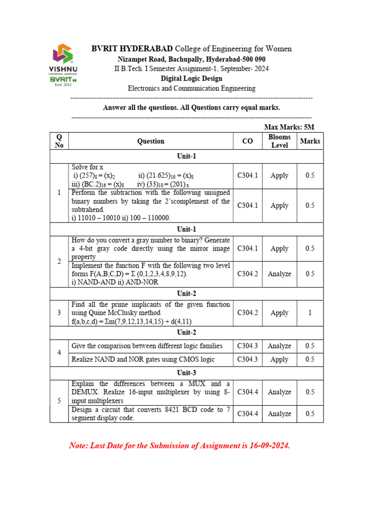 DLD Assignment for II B.Tech Students | PDF | Electrical Circuits ...