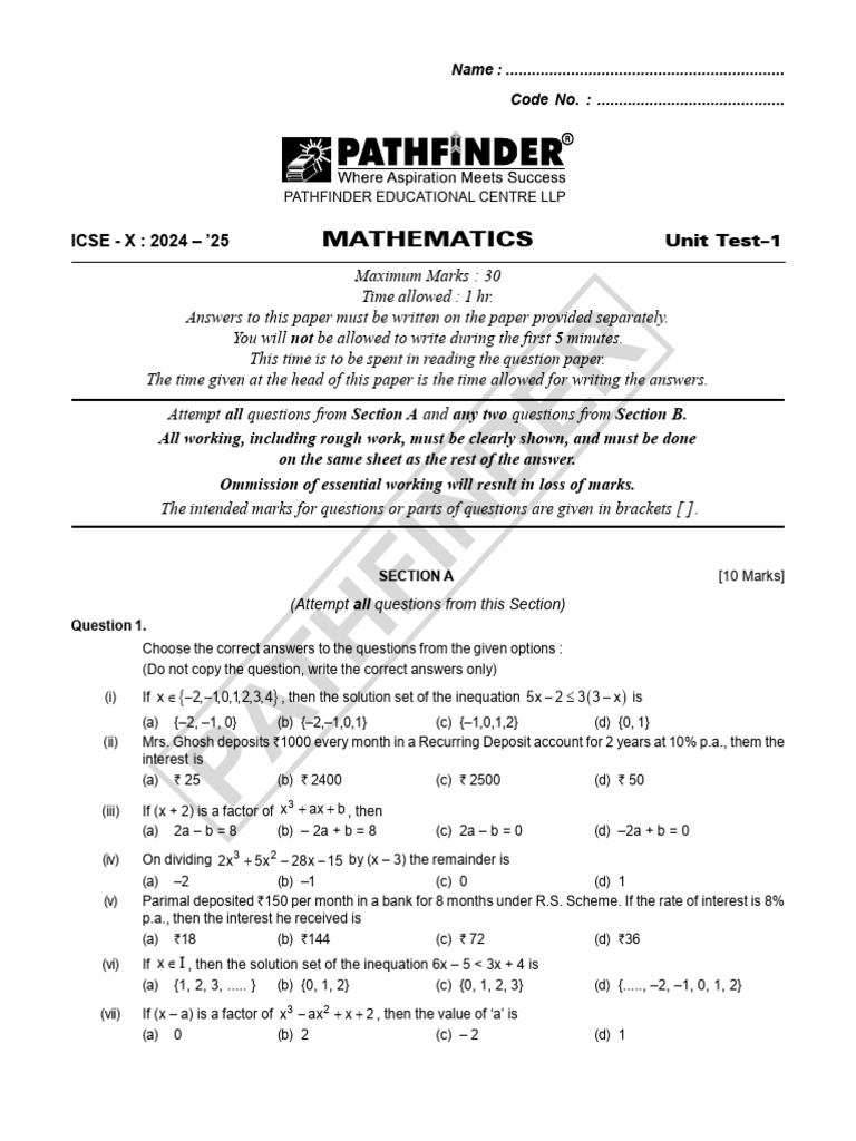 X Maths Unit Test-1 Q.P. 24-'25 | PDF
