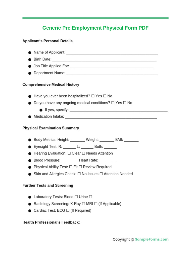 Generic Pre Employment Physical Form PDF | PDF