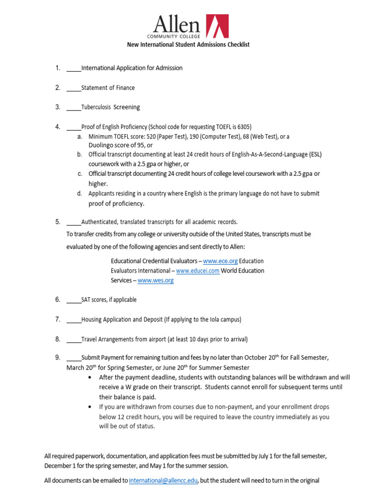 New International Student Admissions Checklist | PDF
