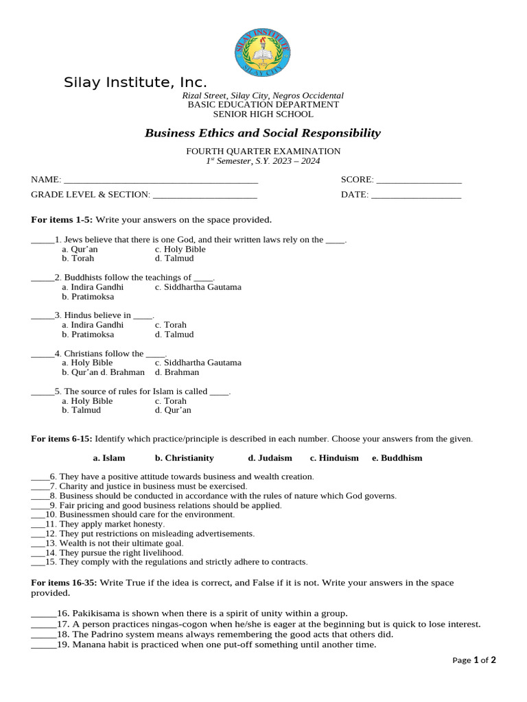 8 CHECKED EXAM Business Ethics 4th Quarter S.Y. 2023 2024 Sir Acuña 2 | PDF