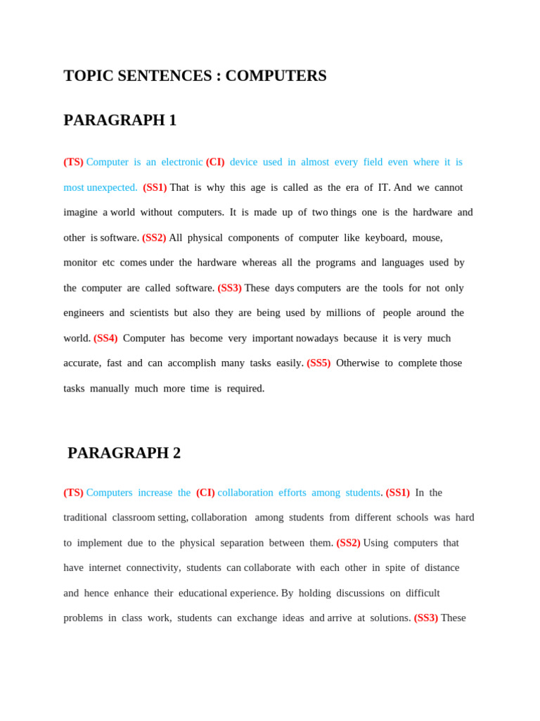 Topic Sentences Computers | PDF | Computers