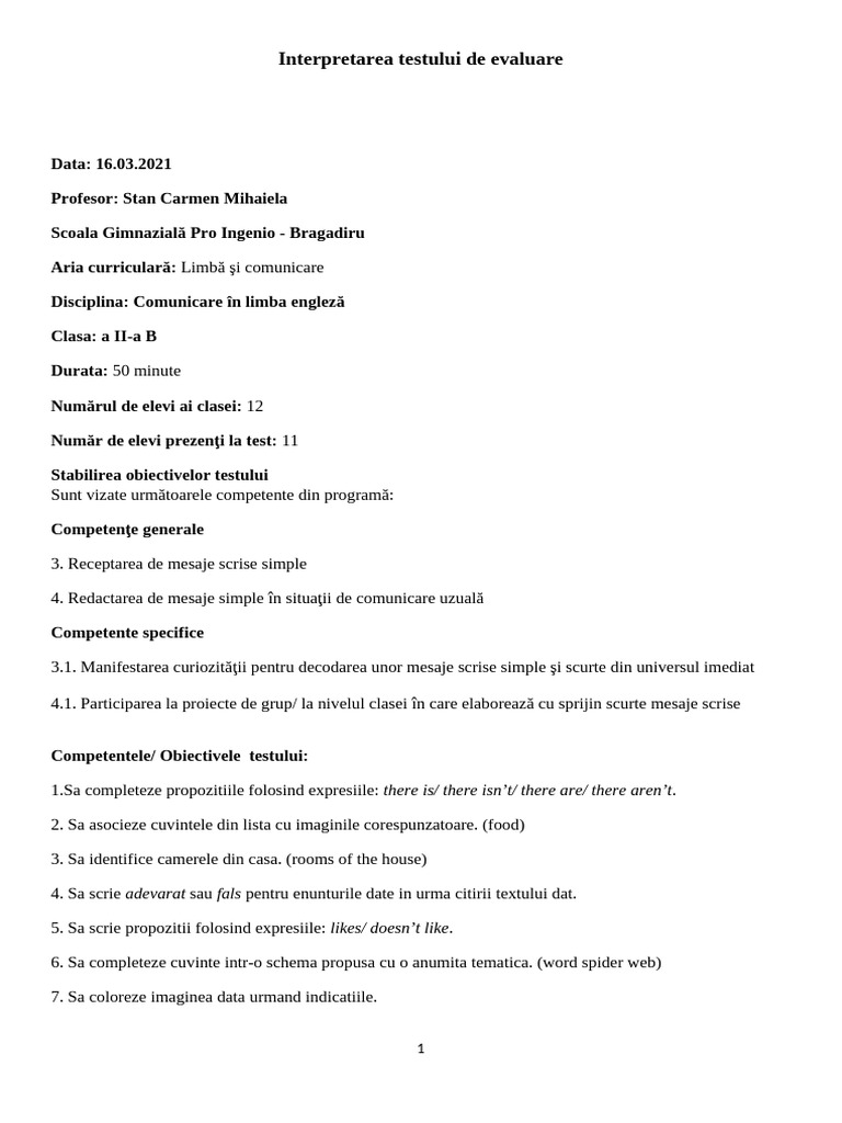 Test Si Interpretare Test Clasa II B | PDF