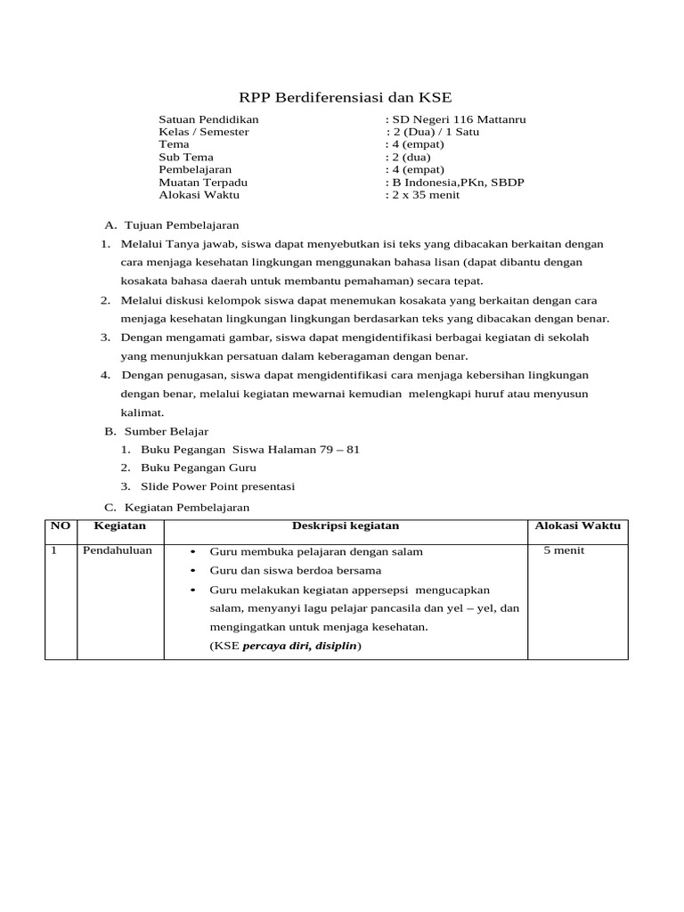 RPP Berdiferensiasi Kse | PDF