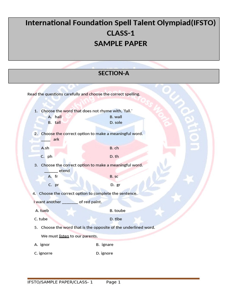 IFSTO Sample Paper - Class 1 | PDF