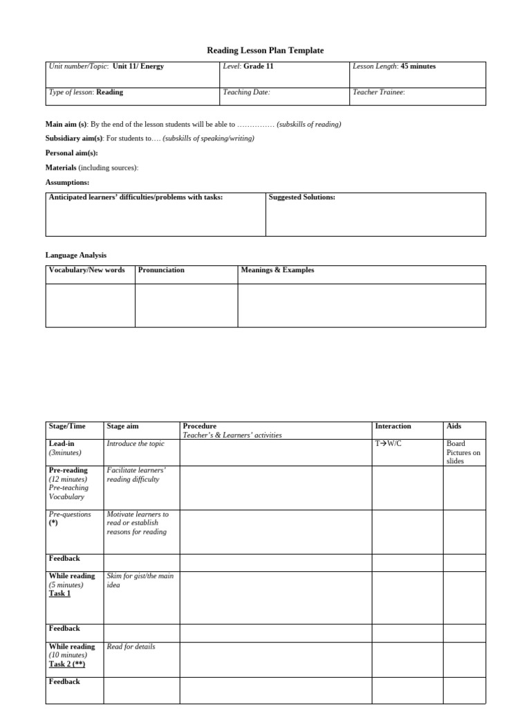 Grade 11 Reading Lesson Plan Template | PDF