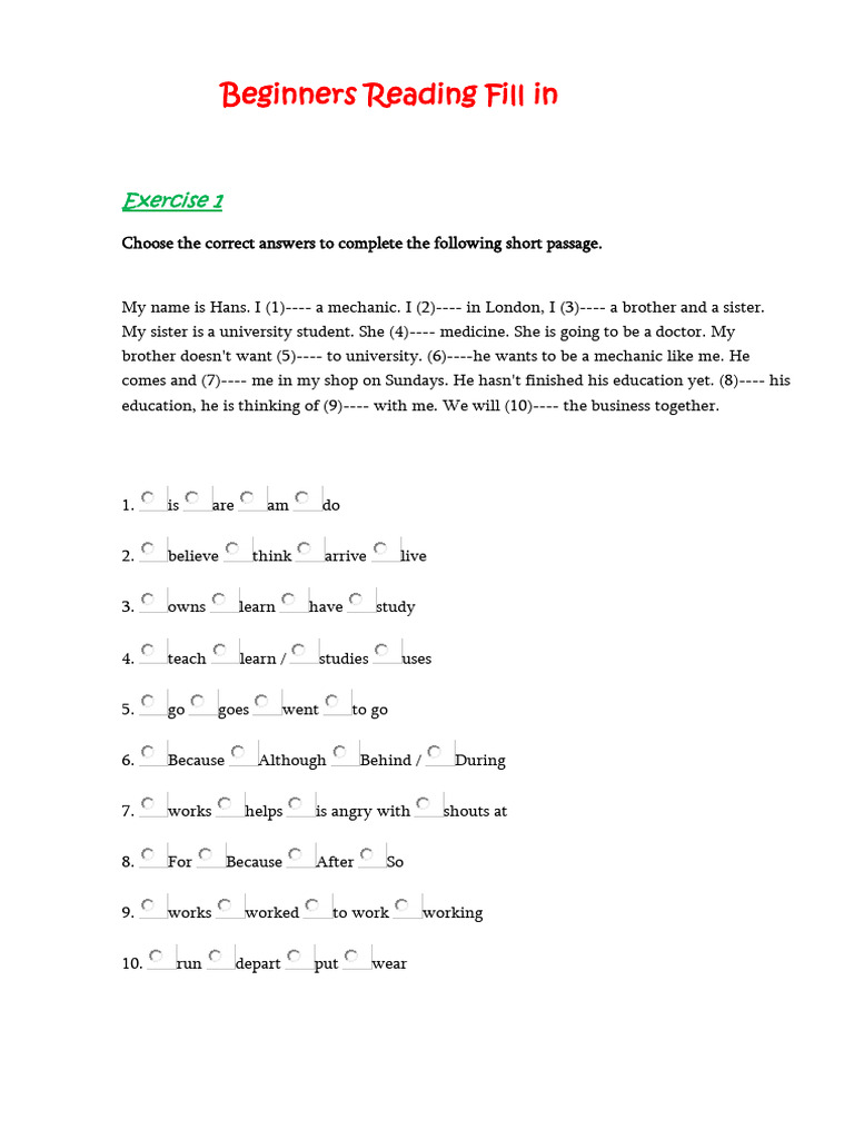Beginners Reading Fill in 1 | PDF