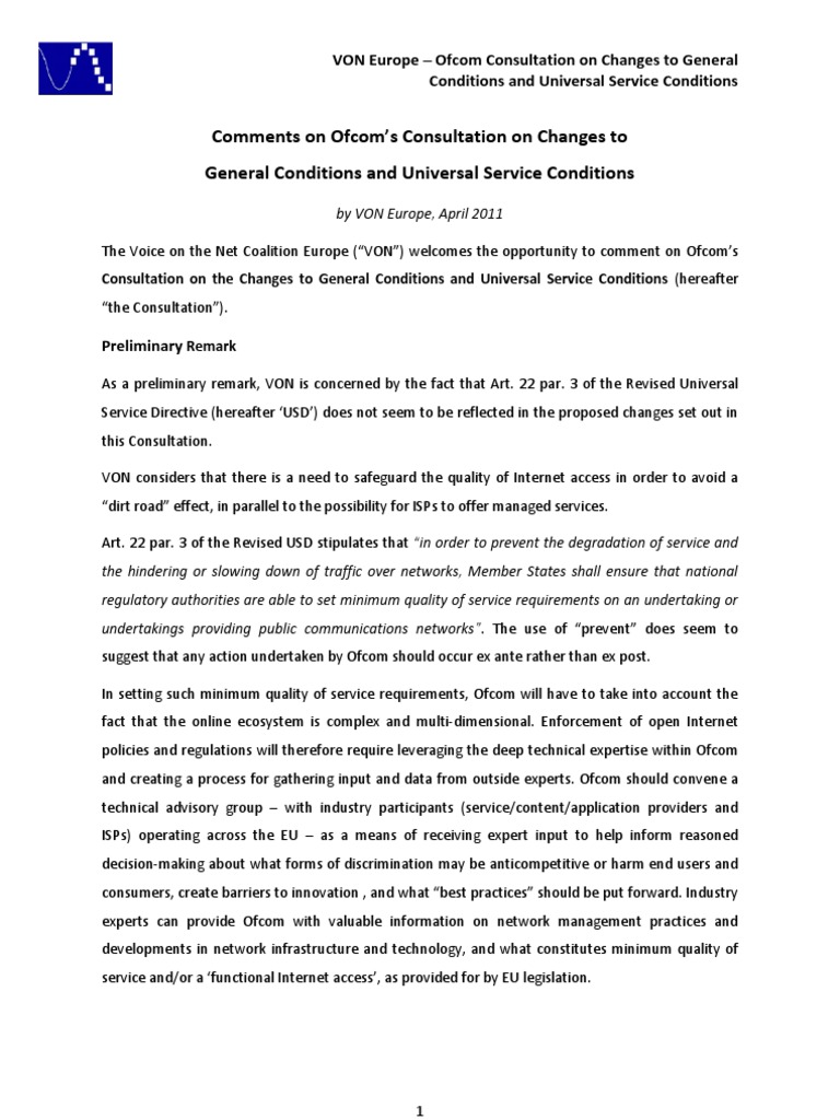 VON Europe's Response to Ofcom's Consultation | PDF | Internet Service ...