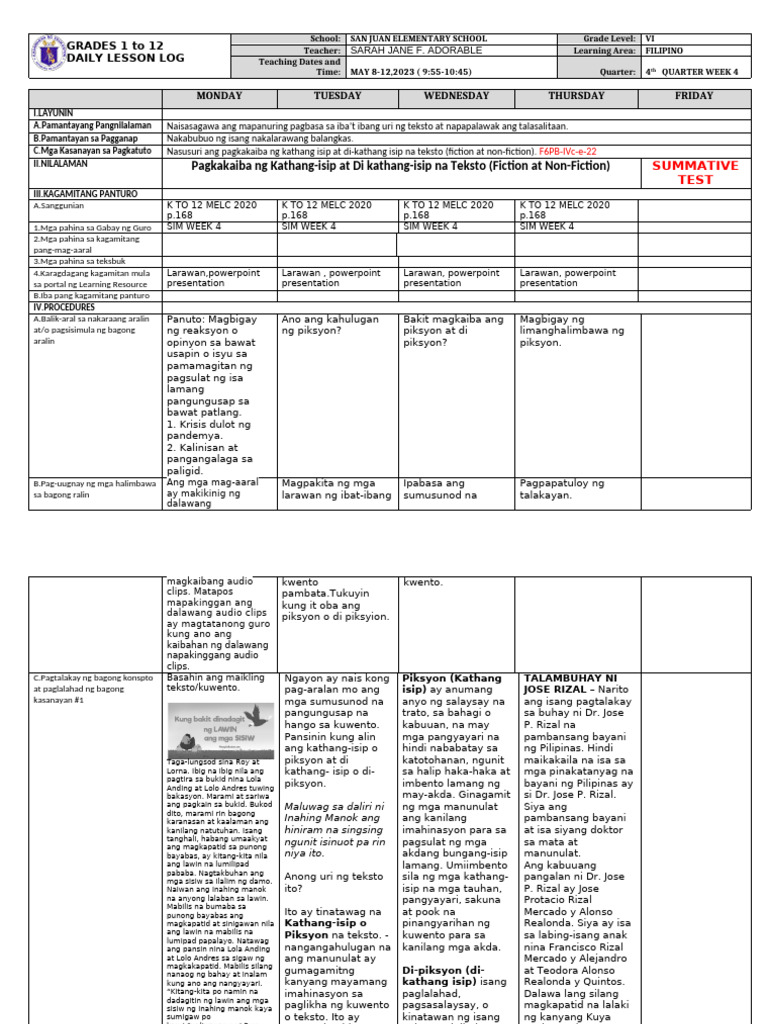 DLL - Filipino 6 - Q4 - W4 | PDF