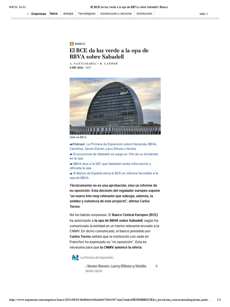 El BCE Da Luz Verde A La Opa de BBVA Sobre Sabadell | PDF