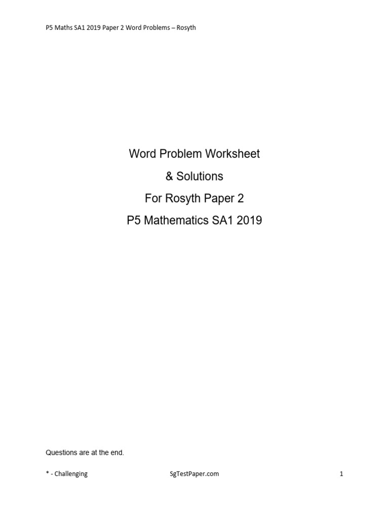 P5 Maths SA1 2019 Worked Solutions Rosyth | PDF | Mathematics