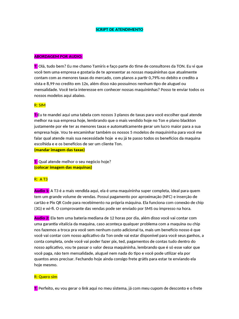 Script de Atendimento Ton | PDF