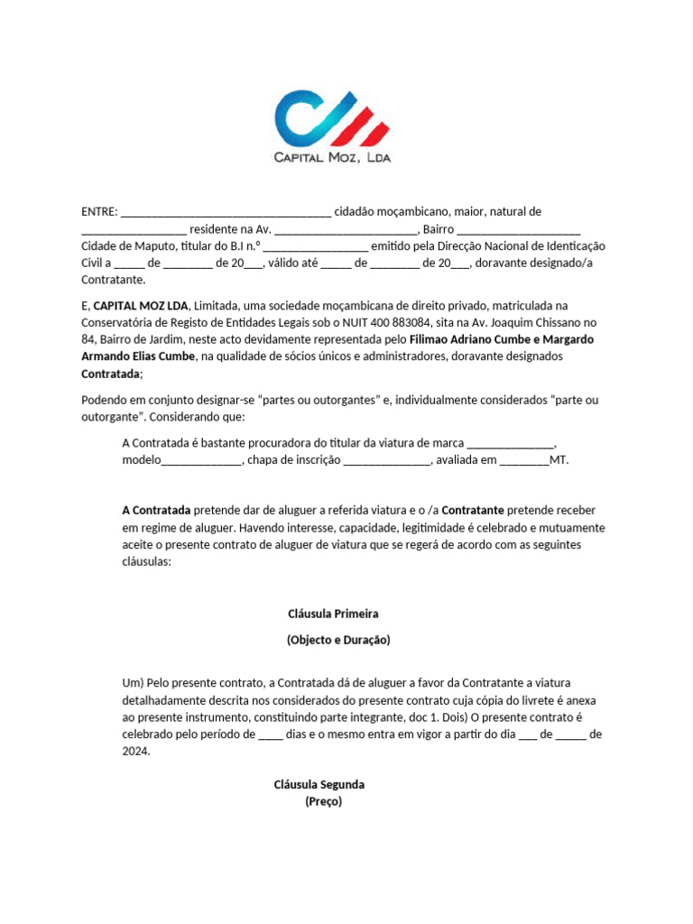 Contracto de Aluguer de Viatura | PDF