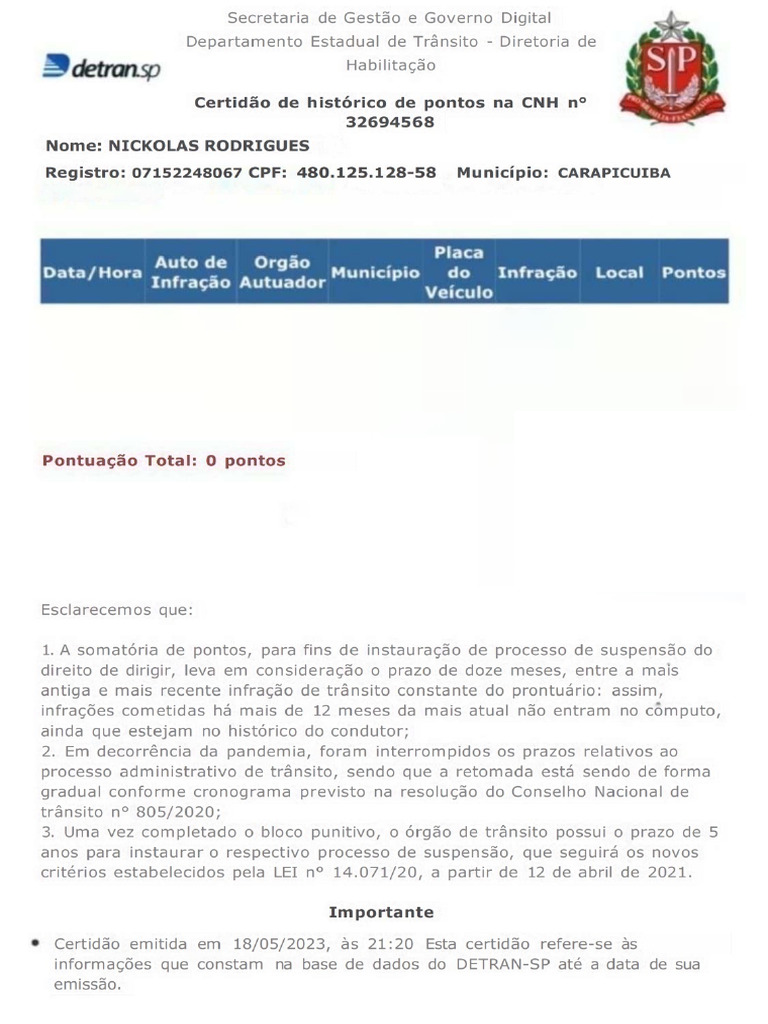 Certidão de Histórico de Pontos Na CNH | PDF