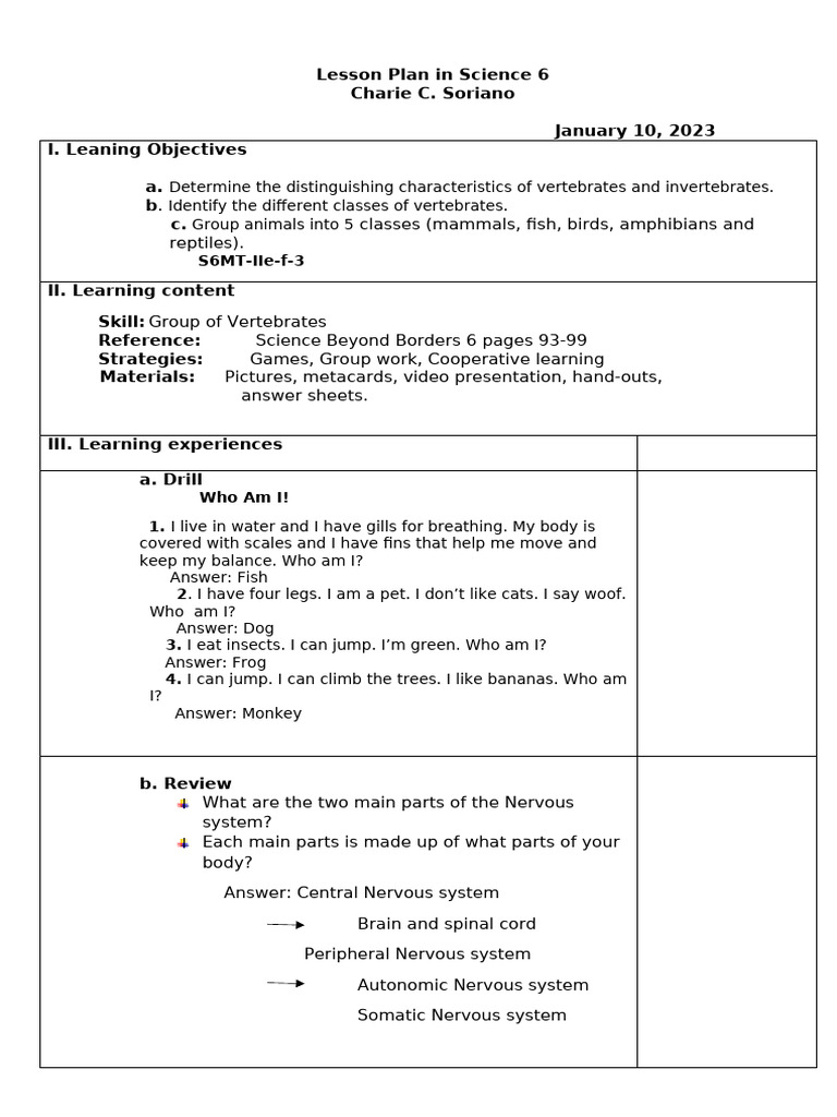 Vertebrates & Invertebrates Lesson | PDF | Vertebrates | Science ...