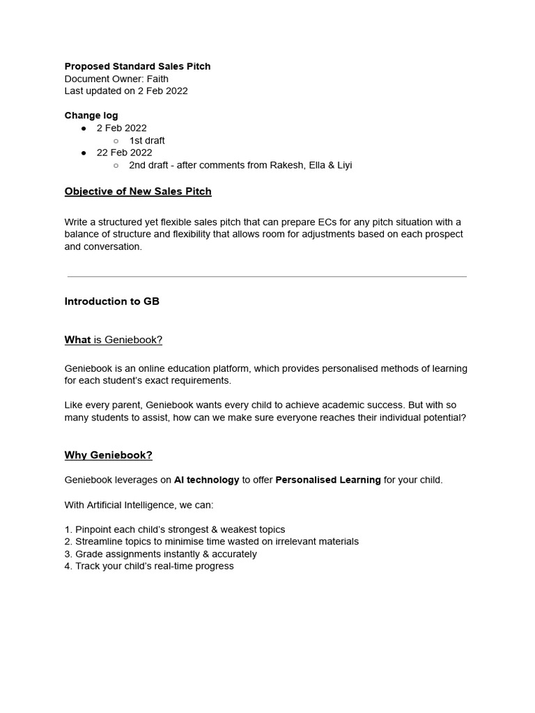 Standard Sales Pitch for Geniebook | PDF | Learning | Multiple Choice