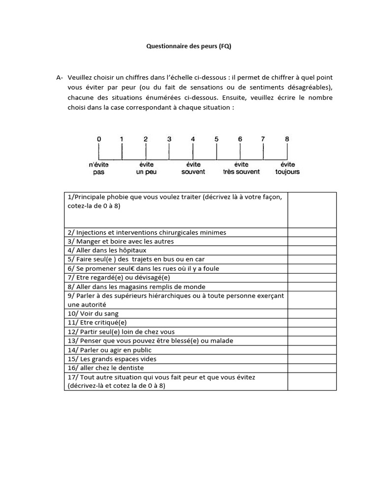 Questionnaire des peurs (FQ) | PDF