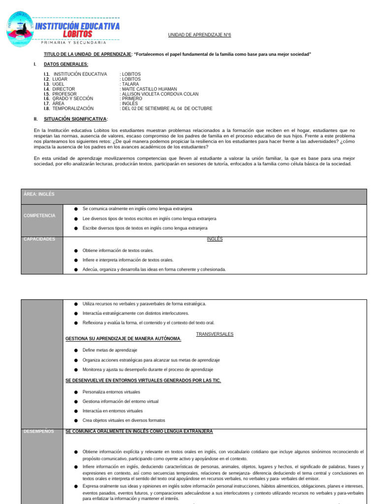 Eda 5 Ingles Primero | PDF | Aprendizaje | Artes del lenguaje y disciplina