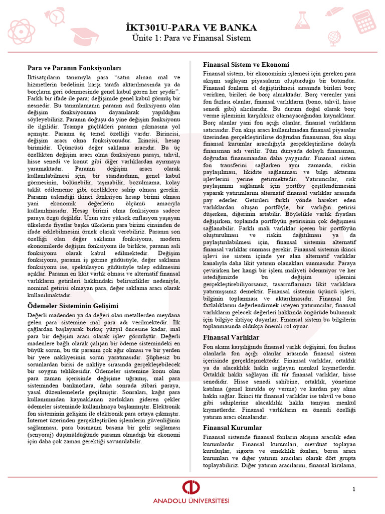 Para Ve Banka - Ünite Özetleri | PDF
