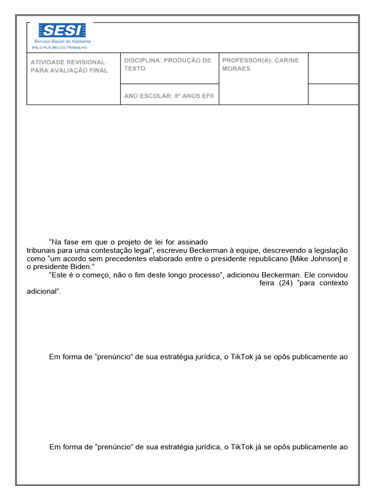 Atividade Avaliativa Revisional para A Avaliação Final | PDF
