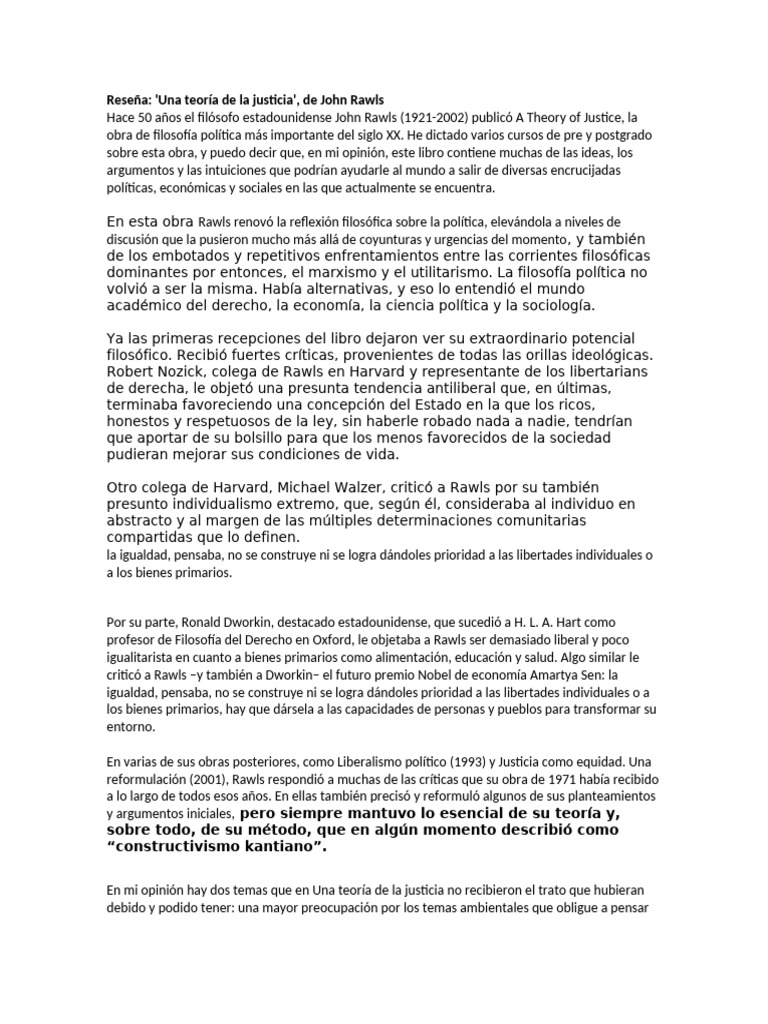 Reseña de 'Una teoría de la justicia' | PDF | John Rawls | Desigualdad ...