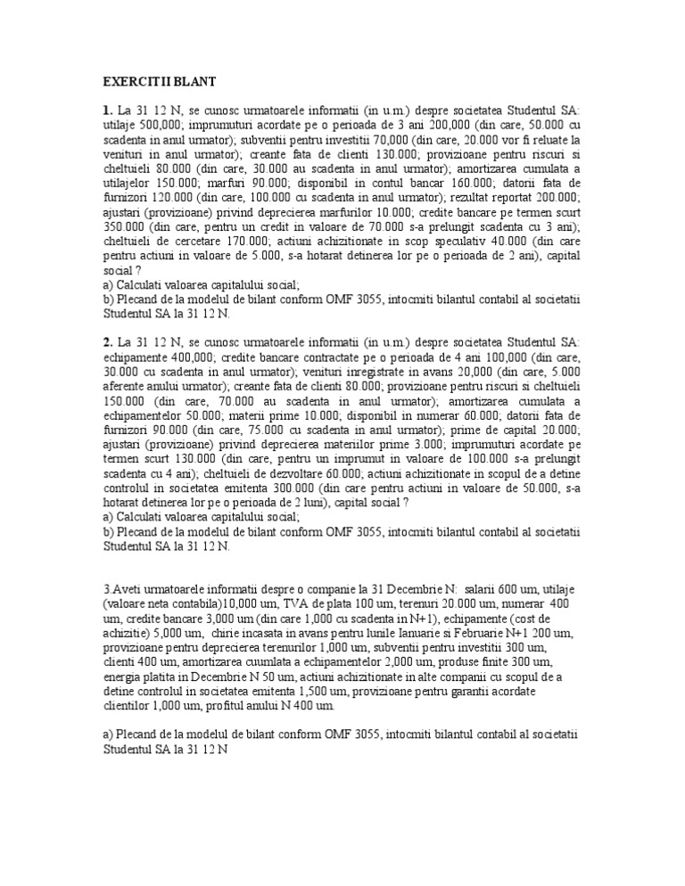 Exercitii Bilant | PDF