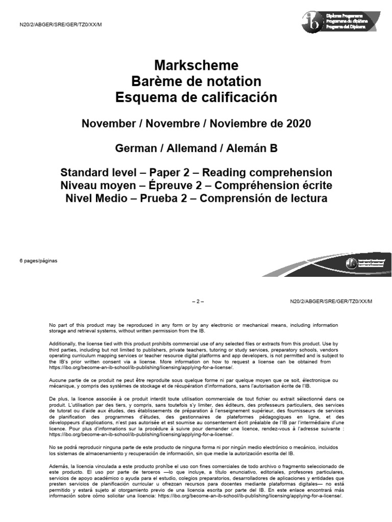 German B Paper 2 Reading Comprehension SL Markscheme | PDF