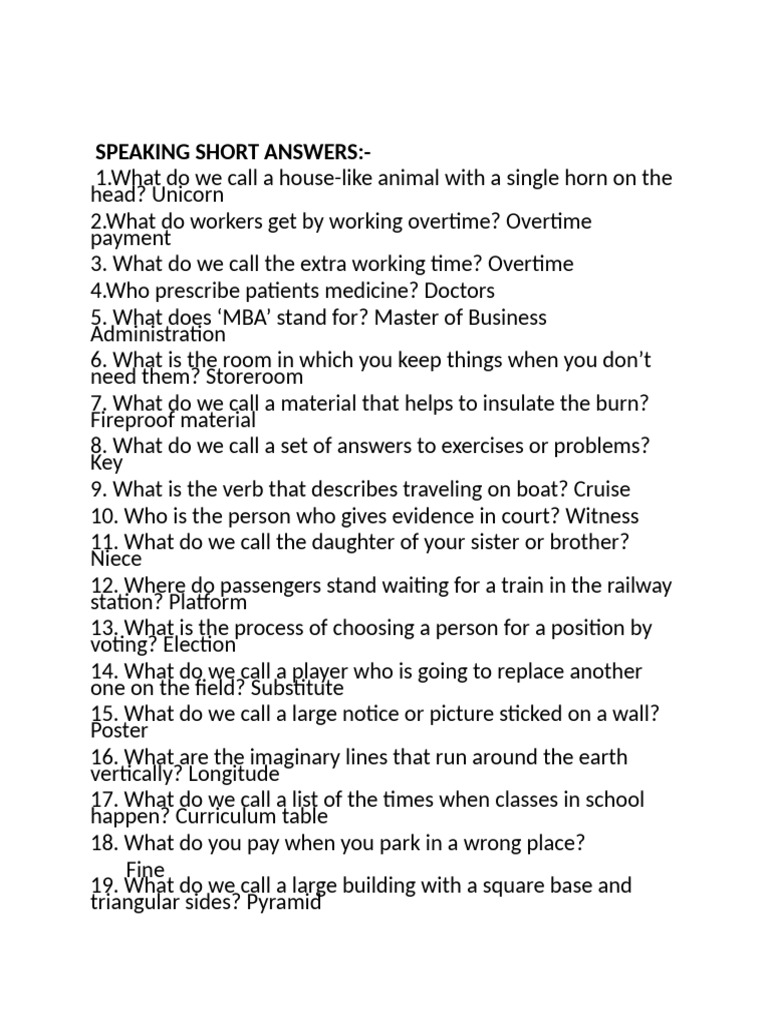 Short Answers Questions PTE | PDF