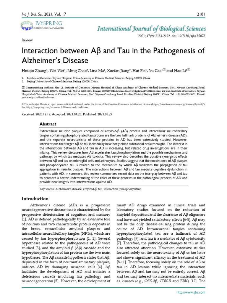 Interaction between Aβ and Tau - review 2021 | PDF