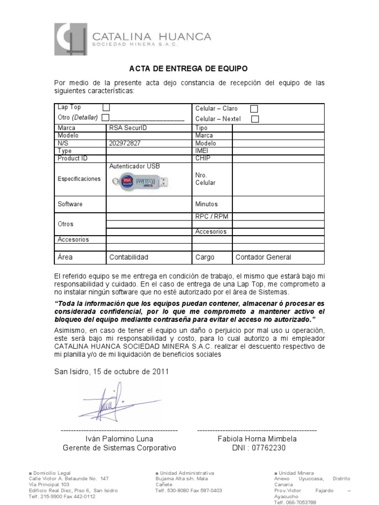 Acta de Entrega de Equipos y Responsabilidades | PDF