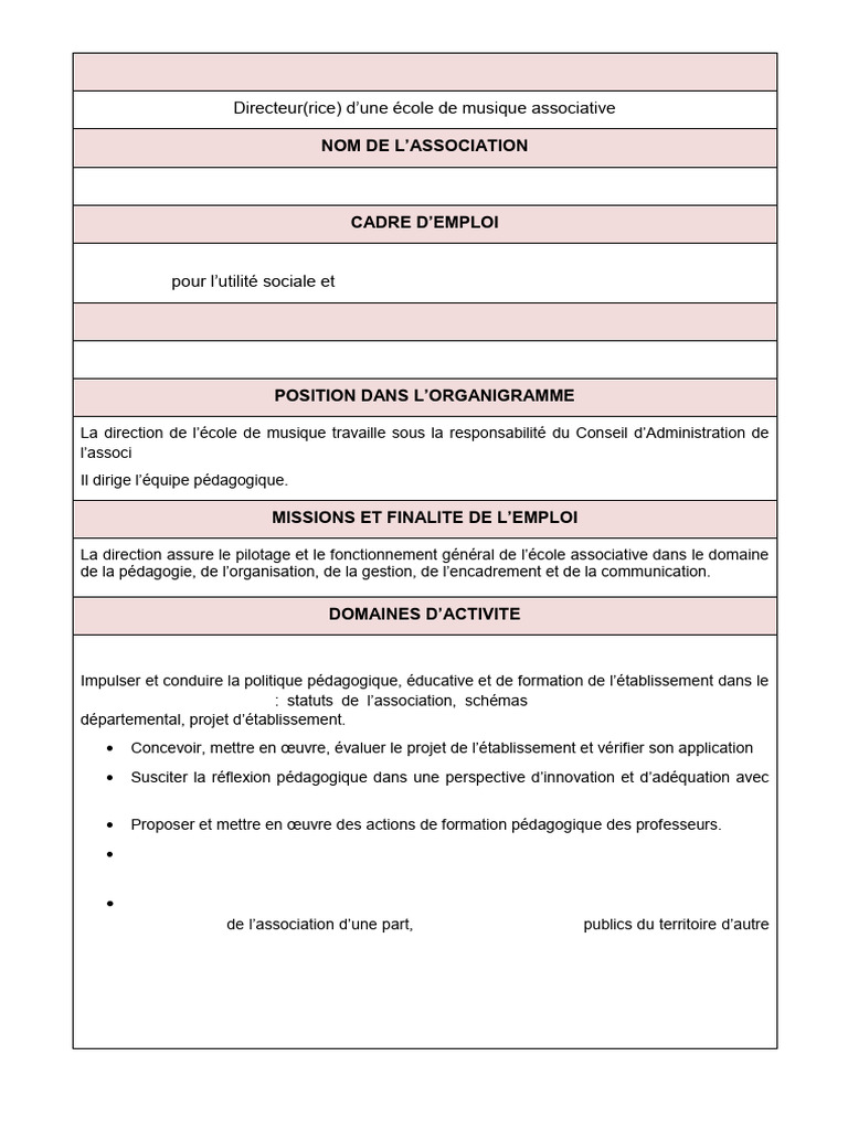 Fiche de Poste Directeur École de Musique de TREILLIERES | PDF