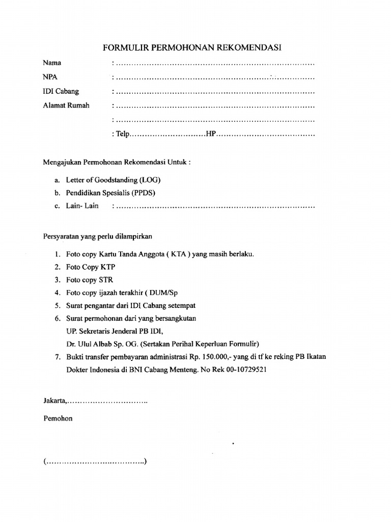 Formulir Permohonan Rekomendasi 202420240520 - 10034151 | PDF