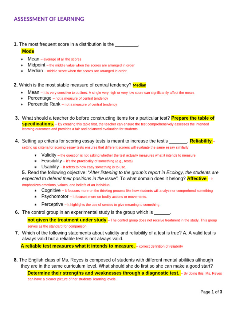 Let Notes Assessment of Learning - Answer | PDF
