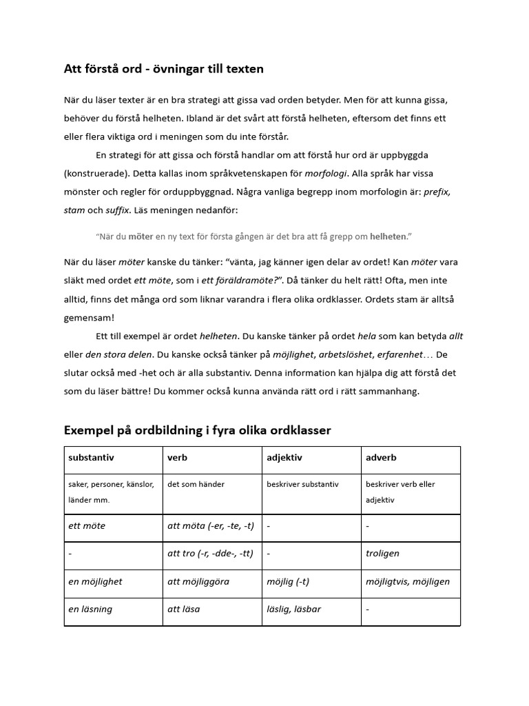Att F-RST - Ord - Vningar Till Texten | PDF
