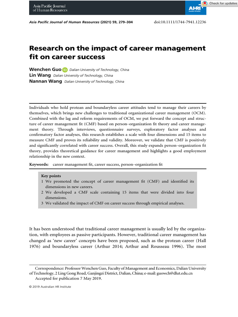 Asia Pac J Human Res 2019 Guo Research On The Impact Of Career