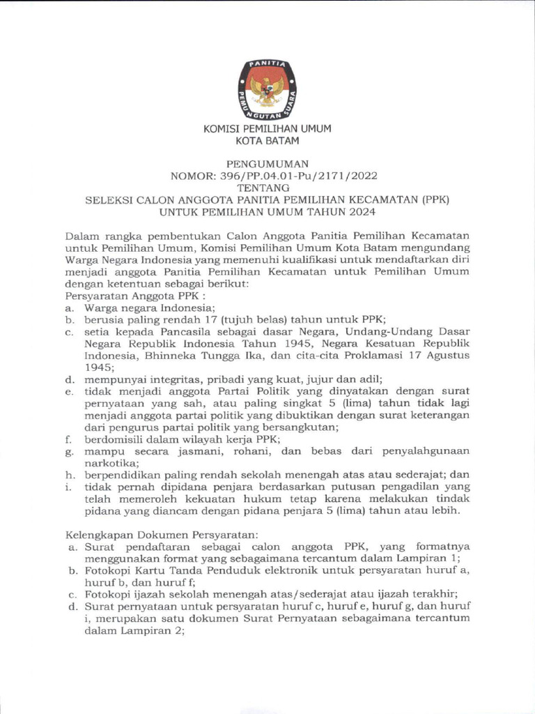 Seleksi Calon Anggota PPK Pada Pemilihan Umum Tahun 2024