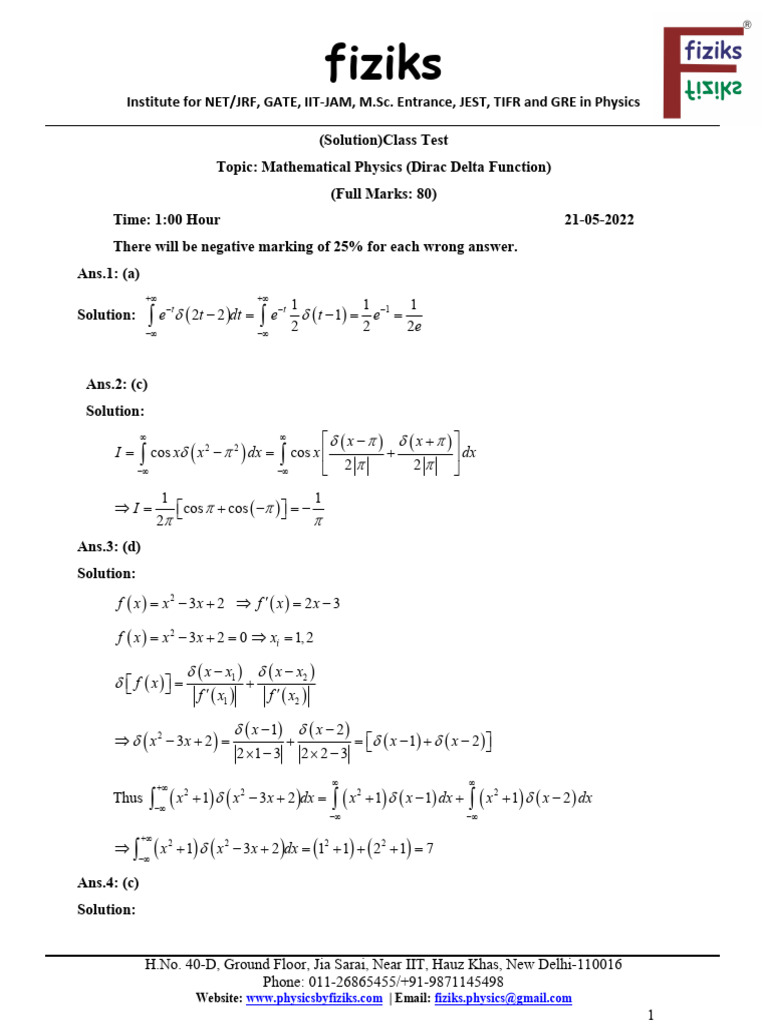 Class test 2 solutions dirac delta function pdf
