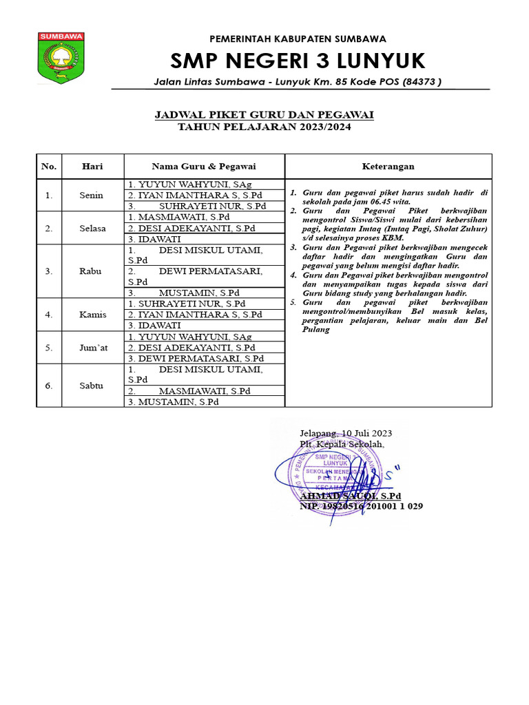 Jadwal Piket 2023 2024 Pdf