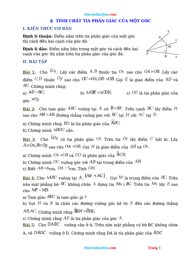 Bai Tap Hinh Hoc 7 Tinh Chat Tia Phan Giac Cua Mot Goc | PDF