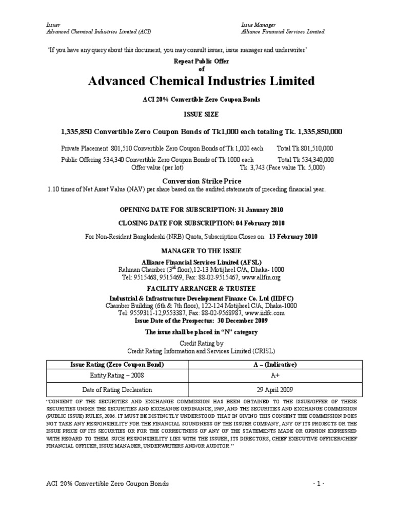 ACI Zero Coupon Bond Prospectus Bonds (Finance) Underwriting