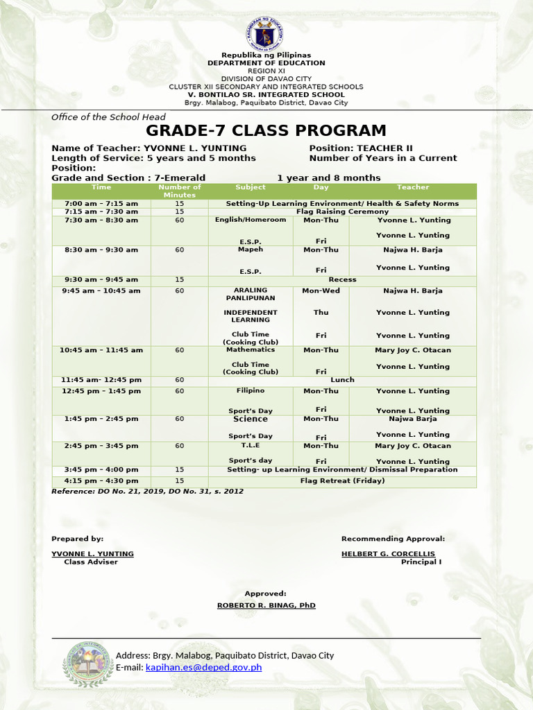 GRADE-7 CLASS-PROGRAM-FORMAT | PDF